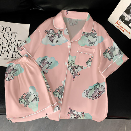 可爱桑普卡通小兔子ins风冰丝睡衣女夏季薄款短袖短裤家居服套装
