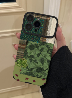 小众绿色拼接适用iphone16保护套贴皮大视窗苹果17promax手机壳15