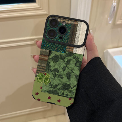 小众绿色拼接适用iphone16保护套贴皮大视窗苹果17promax手机壳15