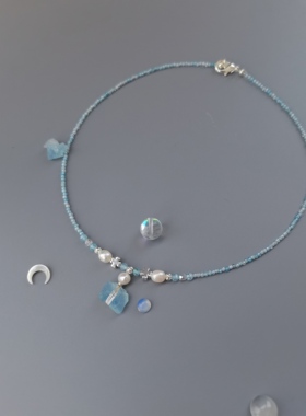 原创浅蓝色锆石珍珠项链天然石海蓝宝原石国风民族风璎珞