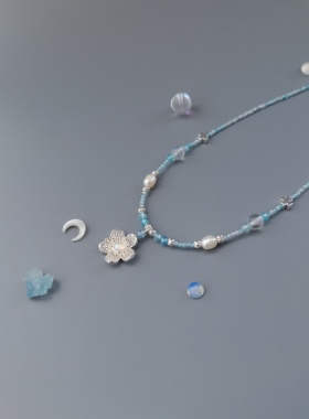 原创复古水蓝色银色项链时尚国风首饰锆石珍珠璎珞