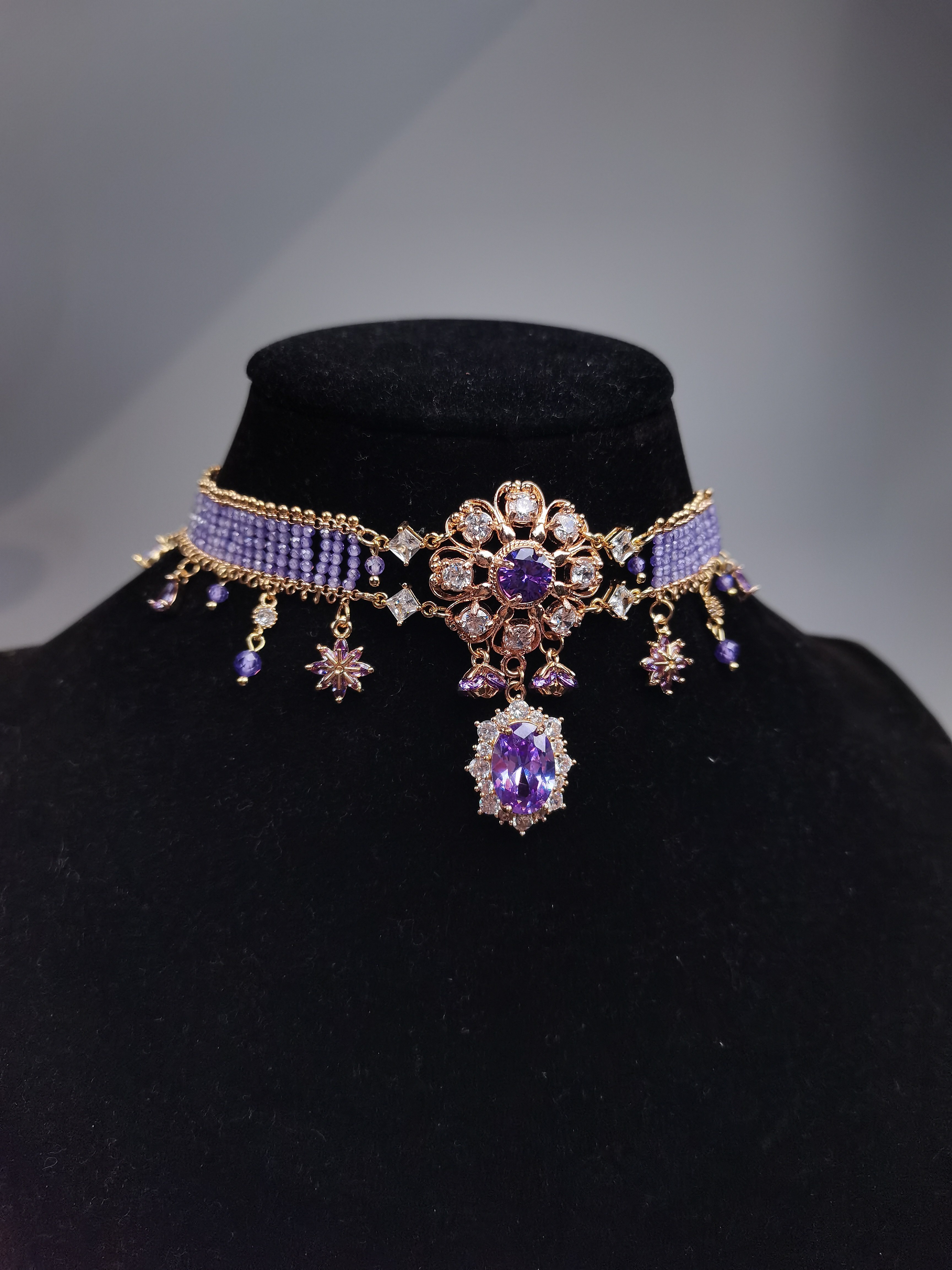 一梦星河/原创设计复古风紫色锆石流苏项链国风重工紫水晶项链