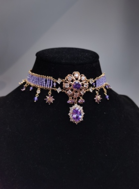 一梦星河/原创设计复古风紫色锆石流苏项链国风重工紫水晶项链