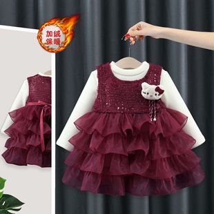 三2一1周岁女童时尚套装洋气时髦裙子女宝宝红色连衣裙加绒小女孩