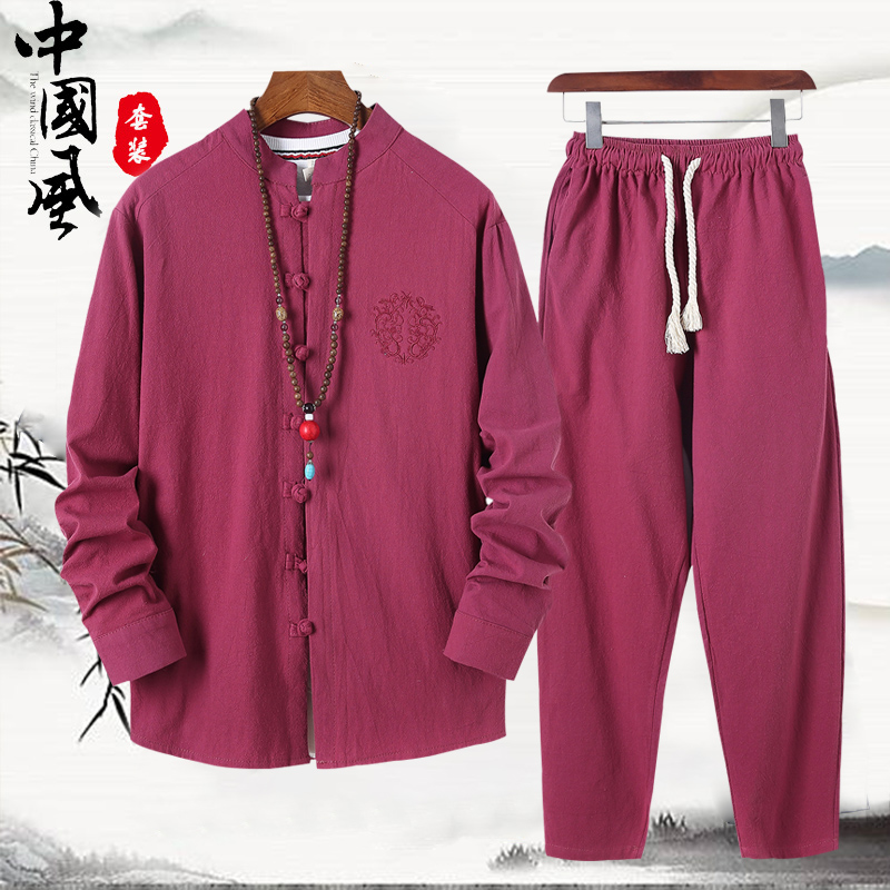 亞麻套裝男青年古風長褲相聲大褂