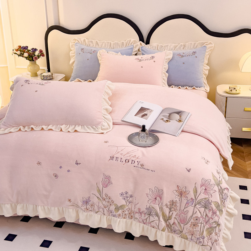 新款高档230克克全消光重工刺绣小清新宿舍三件套牛奶绒四件套