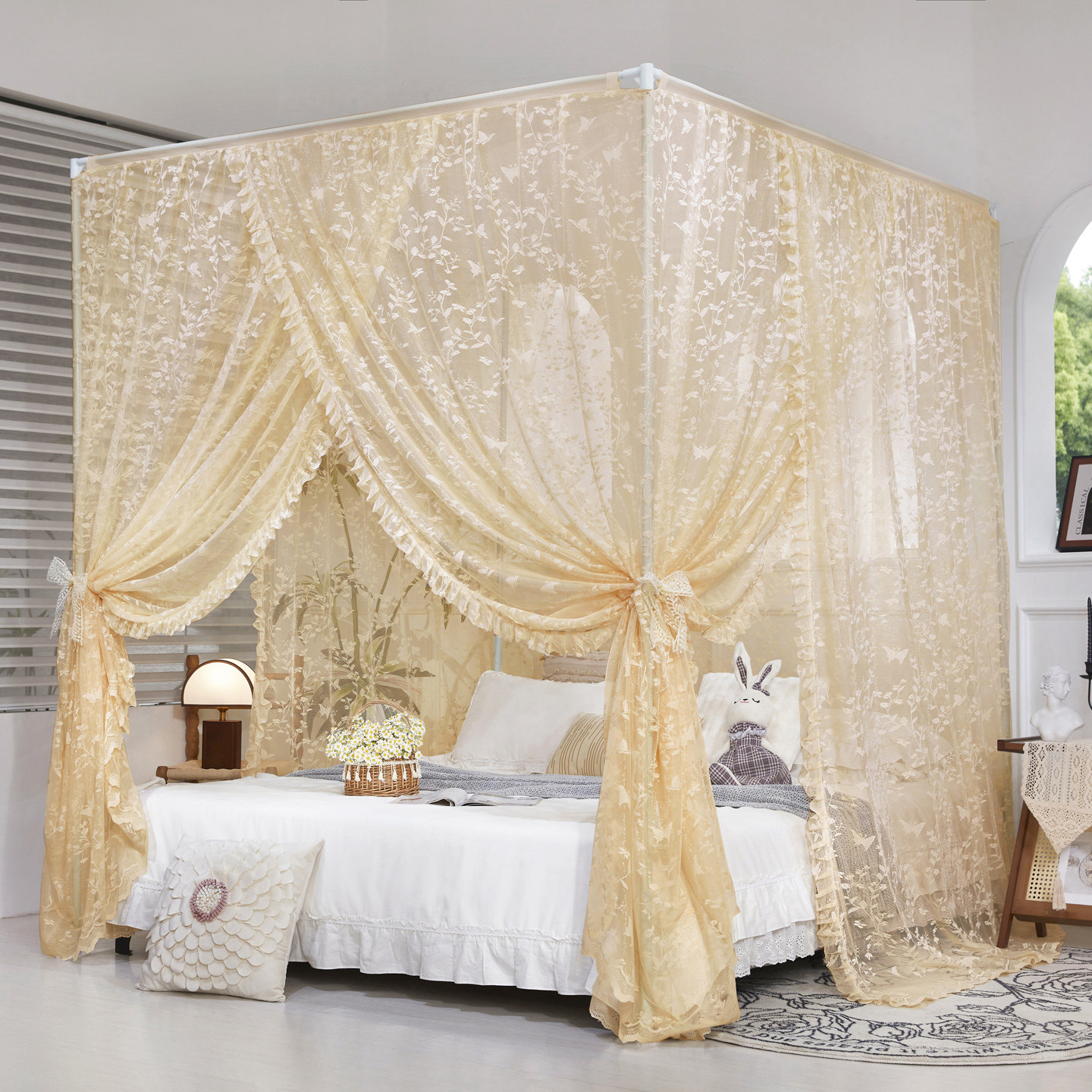 高档法式宫廷蚊帐提花加高外穿杆三开门加密床幔蕾丝豪华落地蚊帐