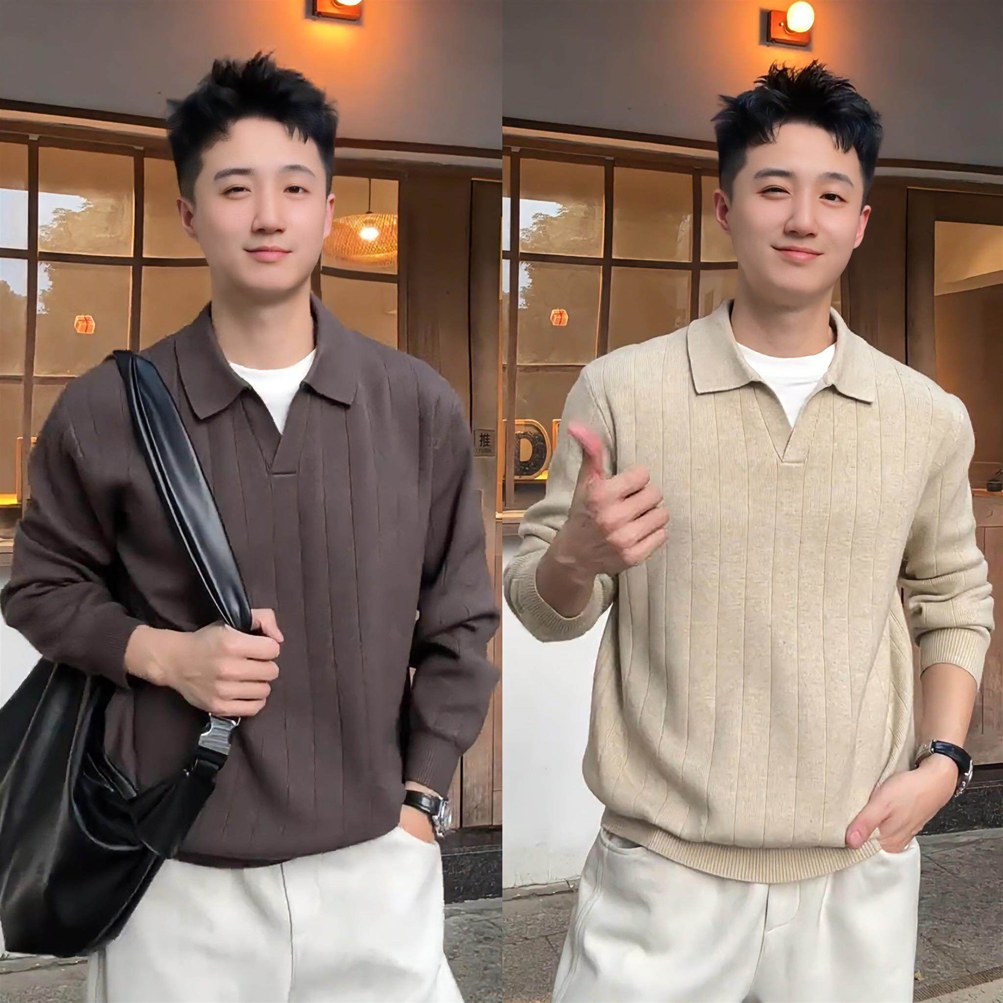 秋冬高档简约假两件翻领长袖毛衣男士高级感百搭时尚保暖针织上衣