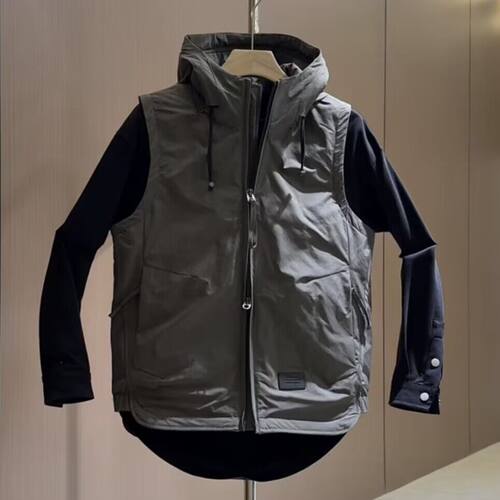 2026秋冬字母刺绣工装连帽马甲棉服男士户外高档宽松休闲加棉夹克