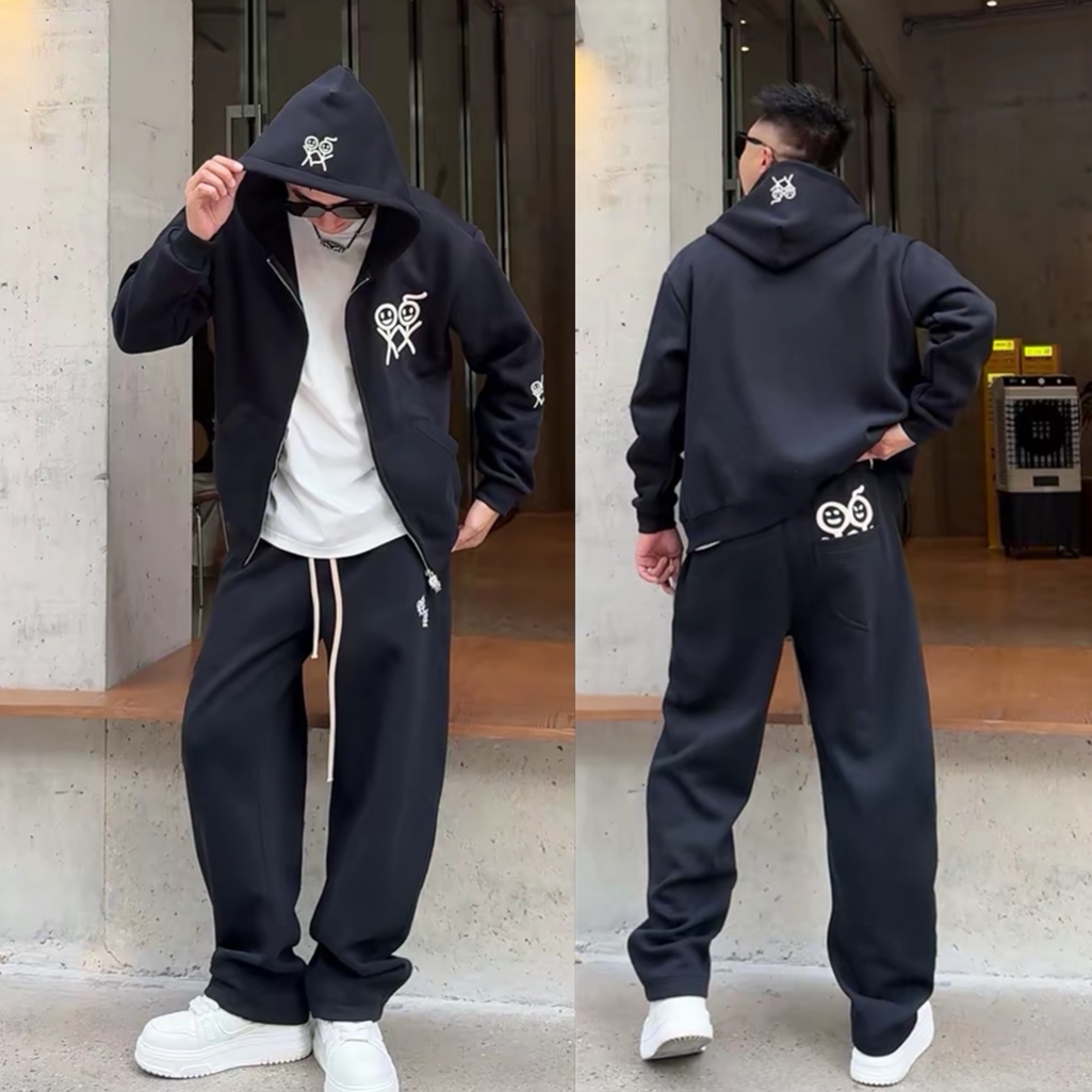 秋季男士潮牌时尚重工刺绣休闲运动套装连帽卫衣外套休闲裤两件套