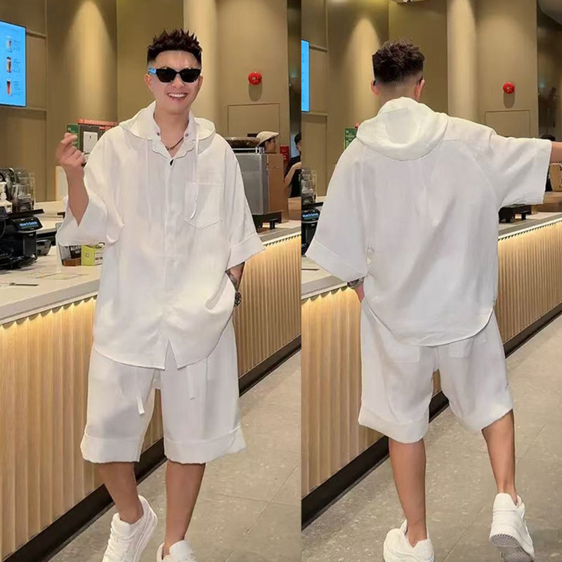 夏季男士垂感透气防晒时尚休闲套装可拆卸连帽中袖衬衣短裤两件套