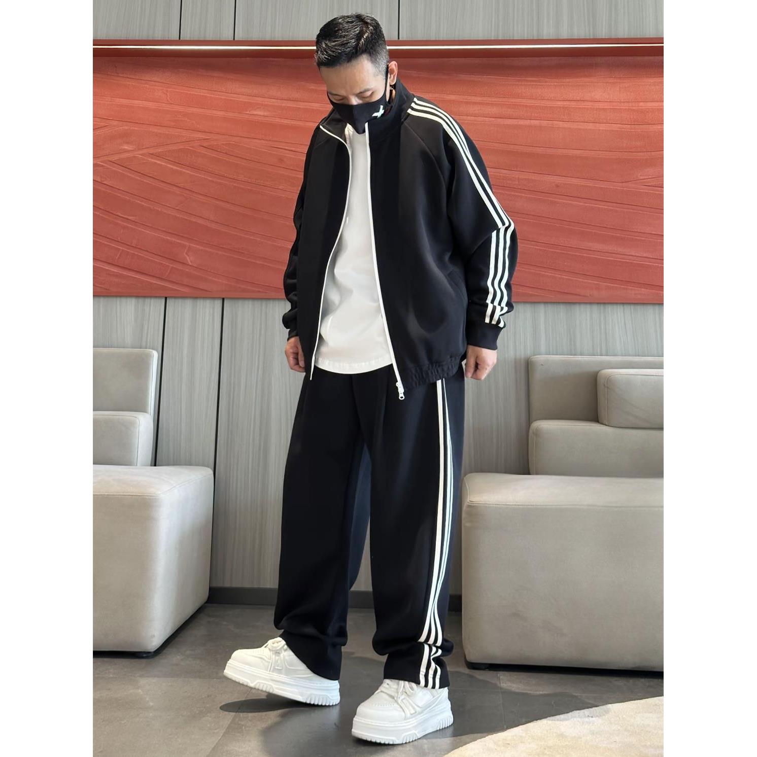 秋季男士时尚ins撞色三道杠休闲运动套装情侣款外套休闲裤两件套