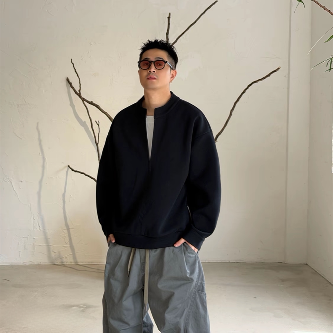 秋季新款男士半拉链假两件简约宽松休闲百搭长袖套头卫衣时尚上衣