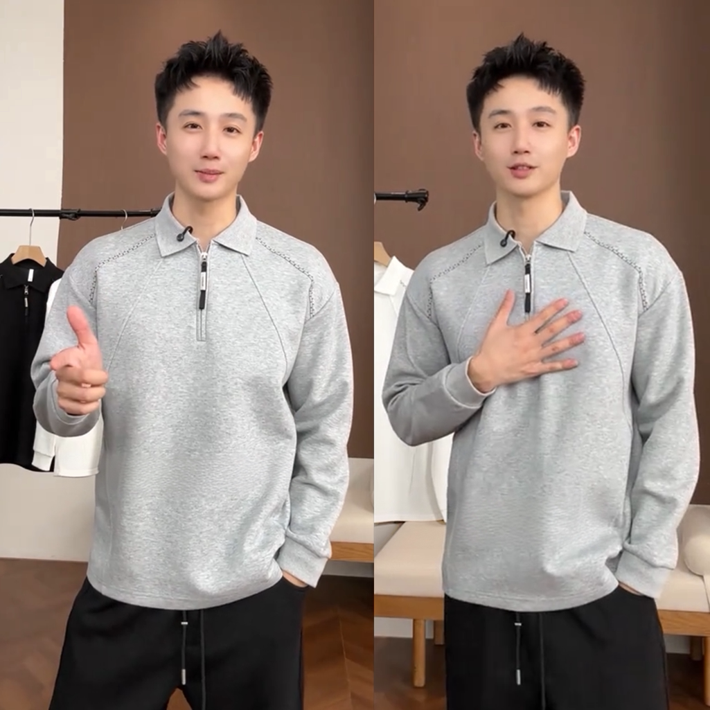 秋季新男士简约时尚针织翻领明线半拉链拼接长袖卫衣纯色百搭上衣