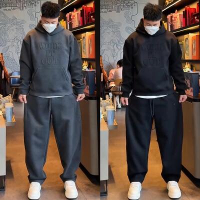 秋季加厚潮牌刺绣时尚休闲套装男高档简约重磅连帽卫衣卫裤两件套