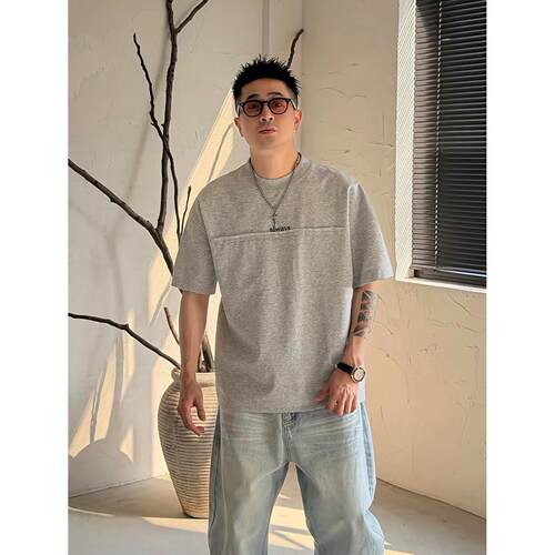 春夏男士重磅简约纯色百搭圆领短袖T恤宽松休闲时尚百搭打底上衣