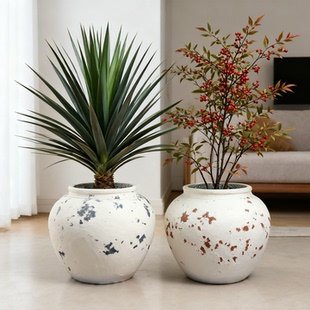 复古陶罐风花盆北欧简约落地款镁泥材质适配南天竹室内客厅绿植盆