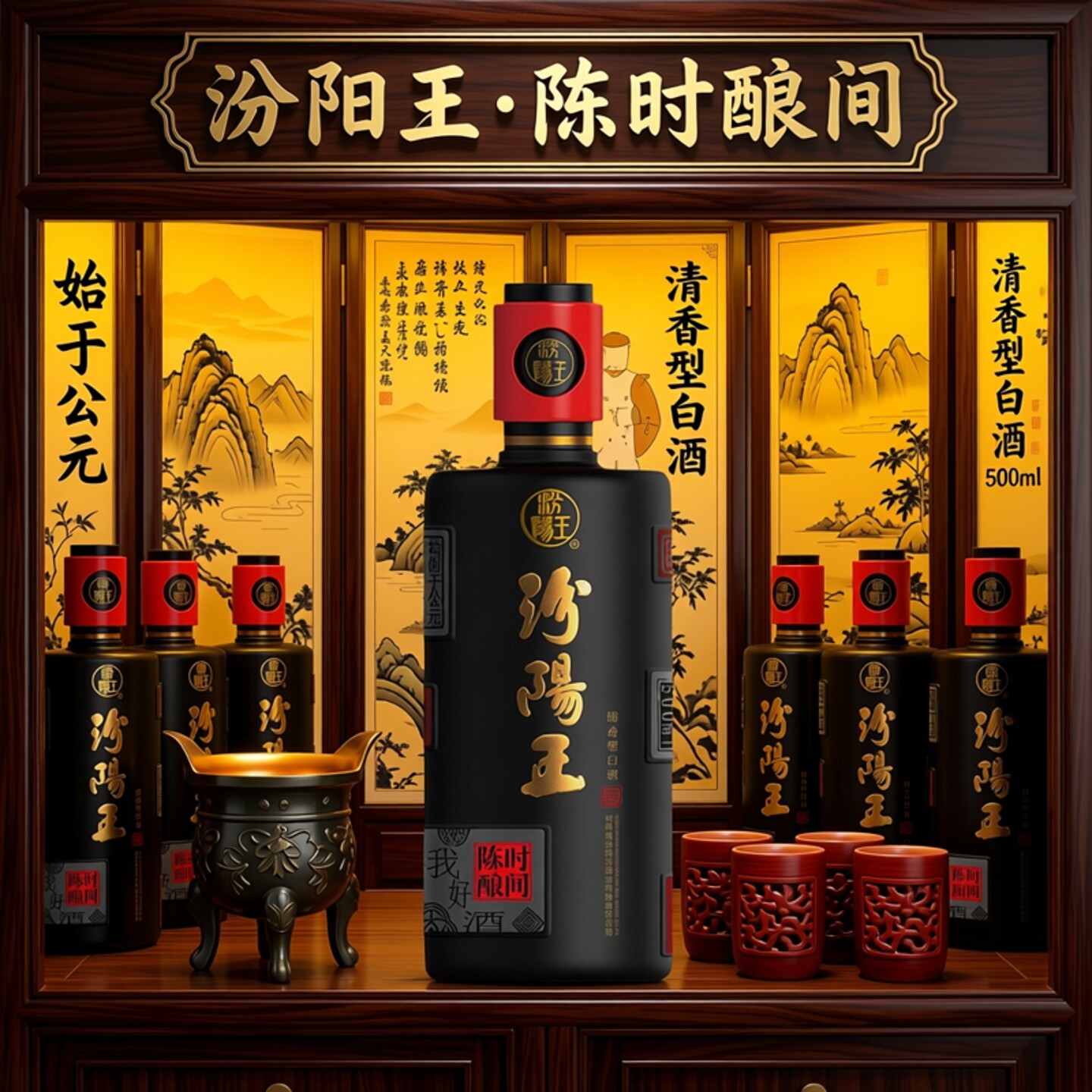 山西汾阳王酒42度时间陈酿整箱6瓶装黑坛装纯粮食高粱白酒清香型