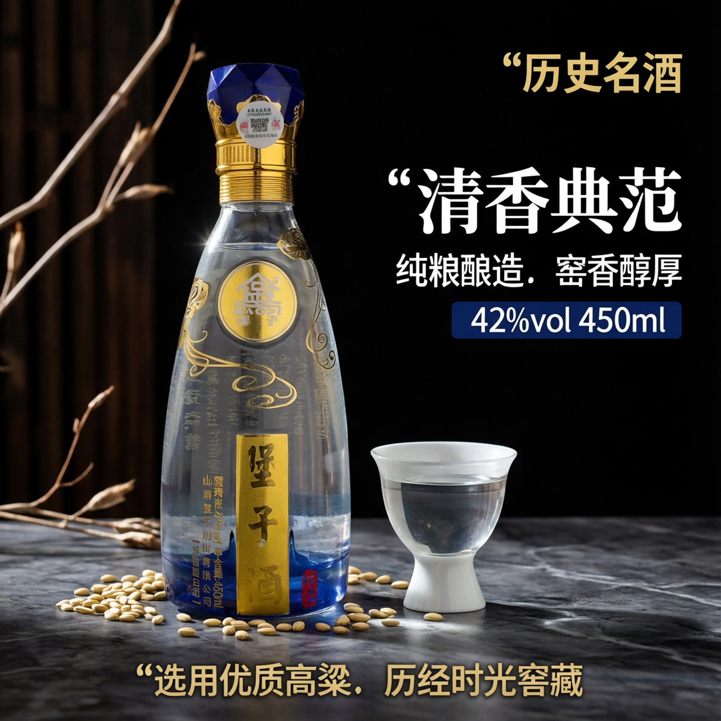 山西榆次堡子酒炫蓝礼盒装整箱6瓶42度450ml纯粮食清香型历史名酒