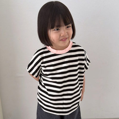 韩国童装代购2026夏季新款Mignon男女孩时尚中大童条纹短袖T恤