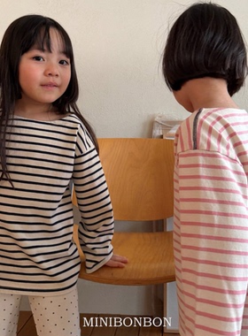 韩国童装代购2026春款MiniBonbon男女孩时尚儿童百搭长袖条纹T恤