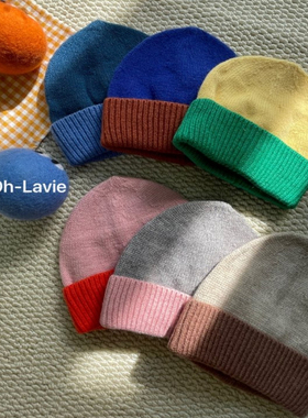 韩国儿童帽子代购2025冬新款OhLavie男女孩宝宝百搭撞色针织线帽