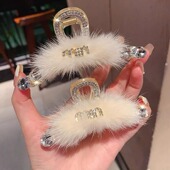精致甜美超仙森系ins闪钻毛绒绒发夹抓夹后脑勺盘发鲨鱼夹发饰品