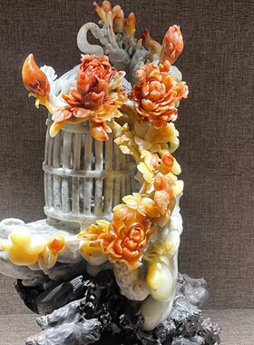 寿山石精品芙蓉石摆件工艺品装饰客厅玄关镂空精雕收藏礼品花鸟