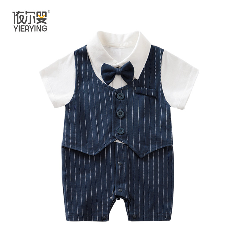 男宝宝夏季短袖百日周岁装婴儿连体衣绅士礼服新生儿满月服依尔婴