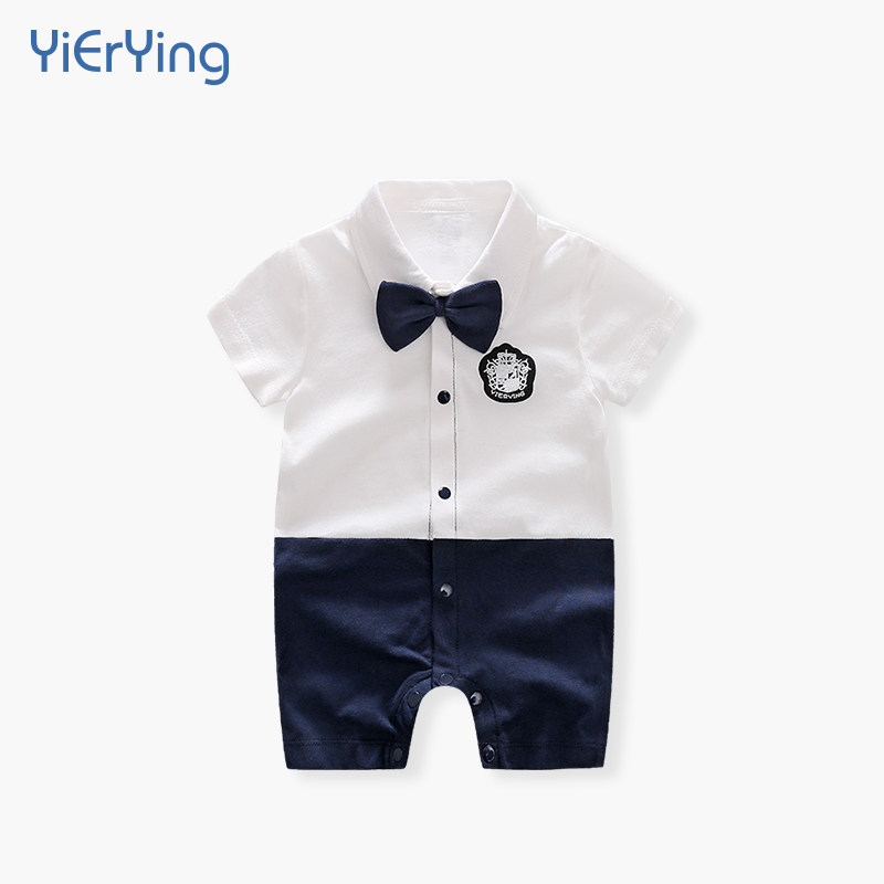 新生儿连体衣夏季男宝宝满月服短袖纯棉百日宴周岁绅士礼服外出衣