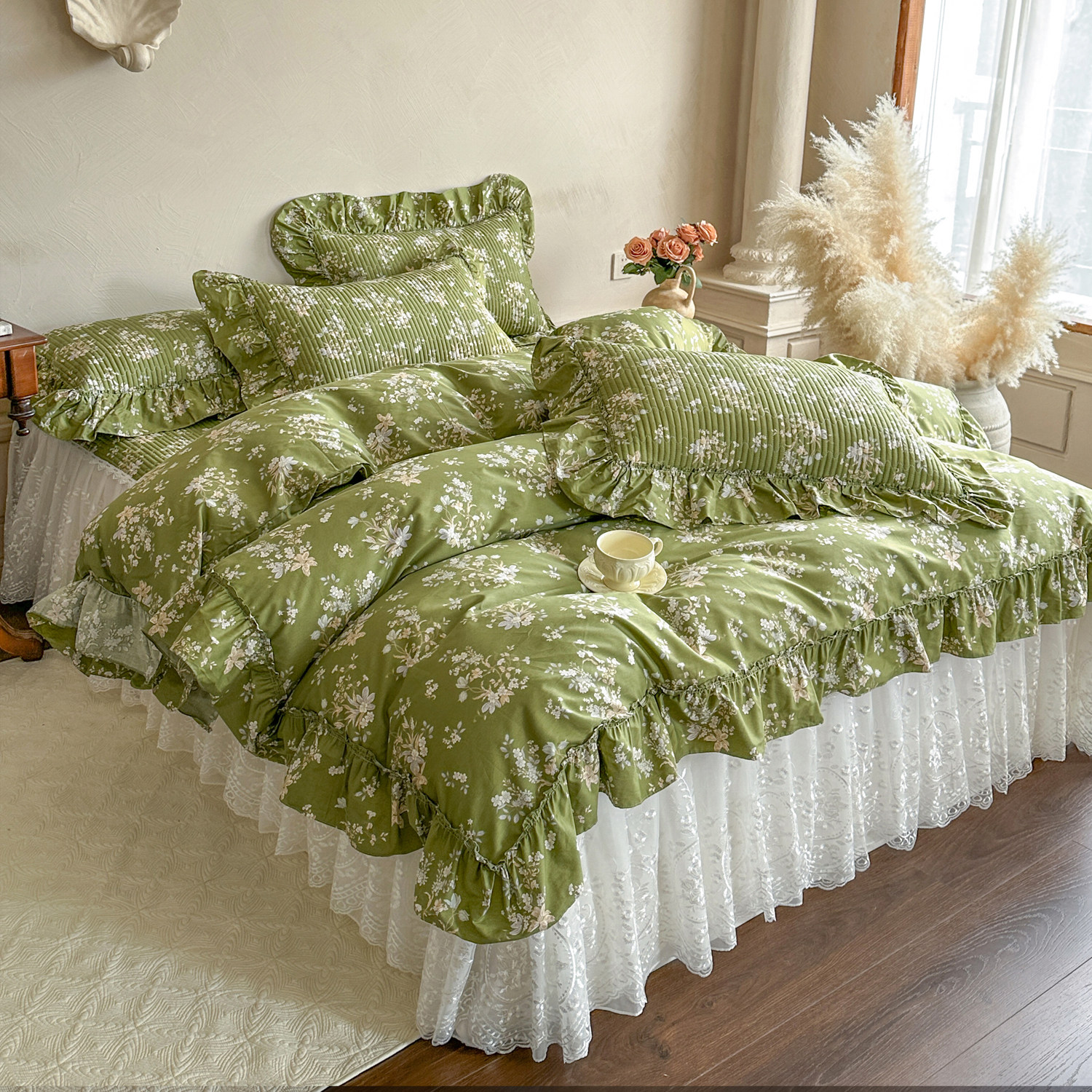 春夏床裙四件套全棉纯棉夹棉加厚防滑床罩蕾丝花边公主风aa面被套