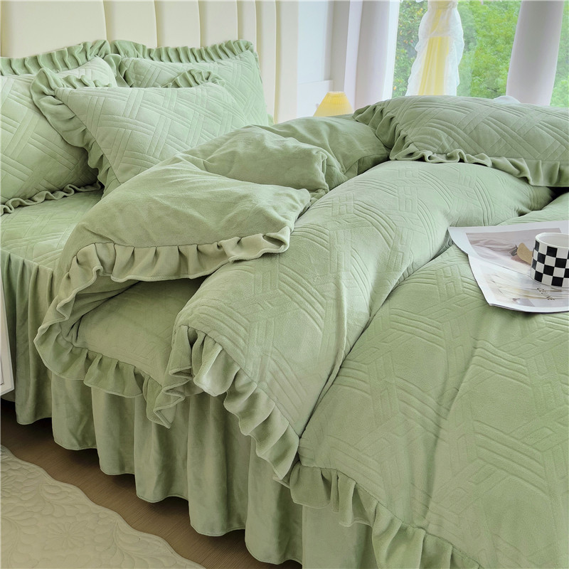 床裙款牛奶绒四件套秋冬保暖加厚纯色花边被套高档雕花绒2024新款,床上用品,床品套件/四件套/多件套,淘宝优惠券,粉丝福利购,淘宝优惠卷