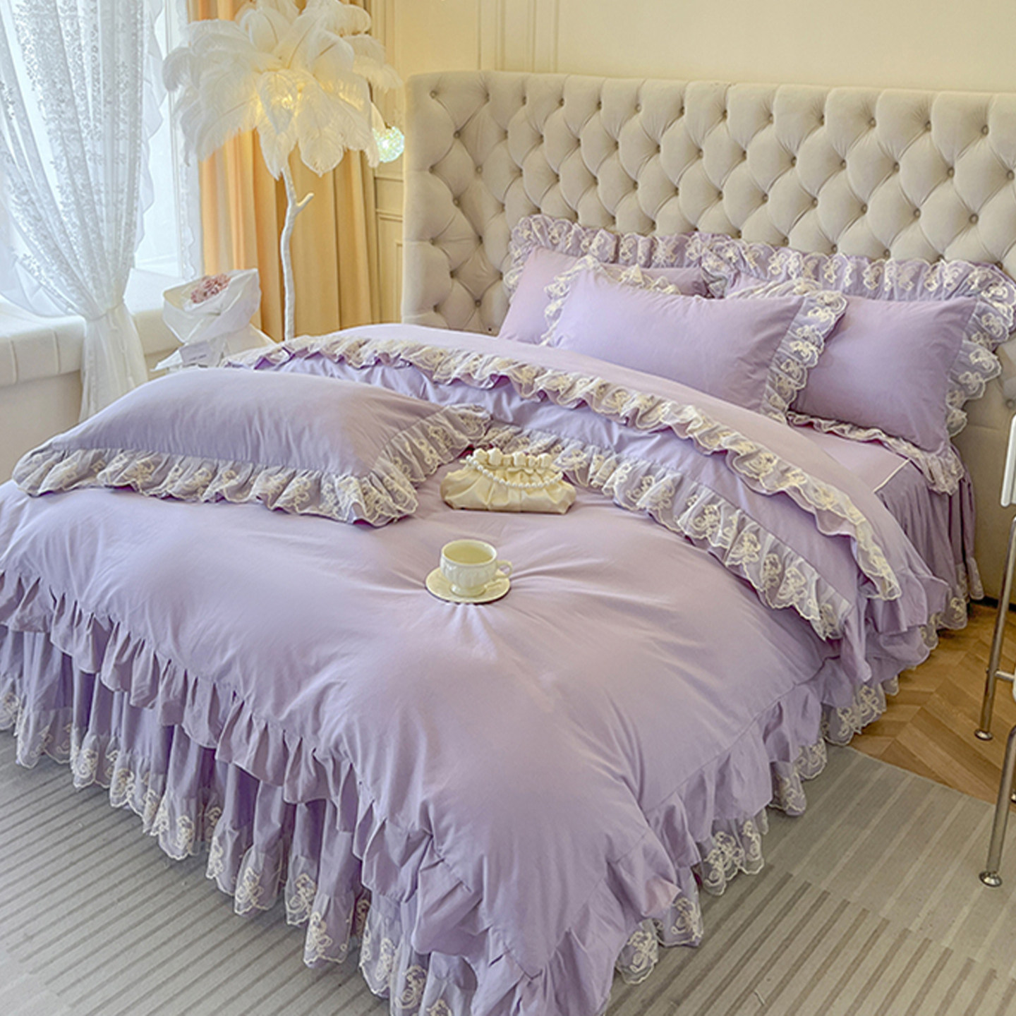 全棉床裙式四件套纯色公主风蕾丝花边被套亲肤纯棉高级感四季通用