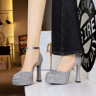 12cm欧美超高跟亮片女鞋中空防水台高跟鞋圆头浅口粗跟一字带凉鞋