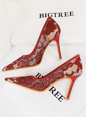 花朵蕾丝高跟鞋红色浅口性感尖头细跟晚礼服宴会网纱镂空单鞋大码