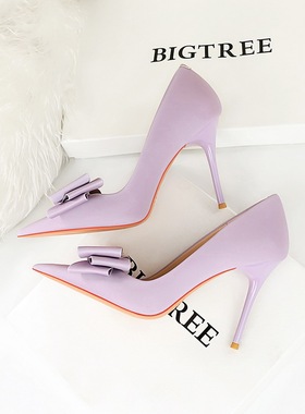 蝴蝶结高跟鞋女细跟10厘米公主婚纱旗袍浅口紫色缎面浅色单鞋尖头