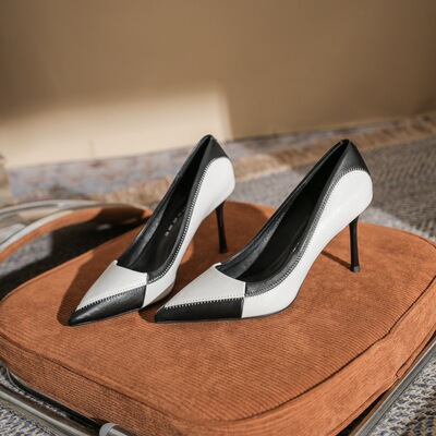 复古拼色尖头性感细跟软皮单鞋女