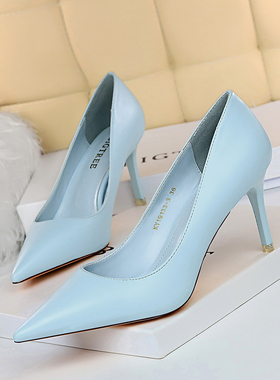 蓝色高跟鞋女2025春尖头名媛大码41-43性感中跟百搭细跟单鞋7厘米