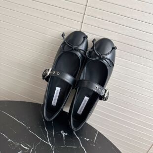 5CM黑色蝴蝶结浅口单鞋女平跟一字扣带圆头芭蕾舞鞋通勤鞋气质