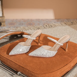 绝美高跟凉拖鞋超好看亮片夏季新款尖头细跟两穿包头半拖中跟贵妇