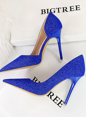 晚礼服高跟鞋婚鞋宴会蓝色浅口尖头侧空单鞋女大码41一43细跟千金