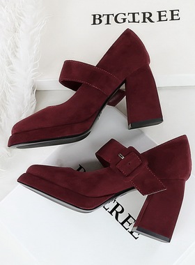 一字带防水台绒面玛丽珍鞋9cm绝美安可拉红高跟鞋女粗跟浅口单鞋