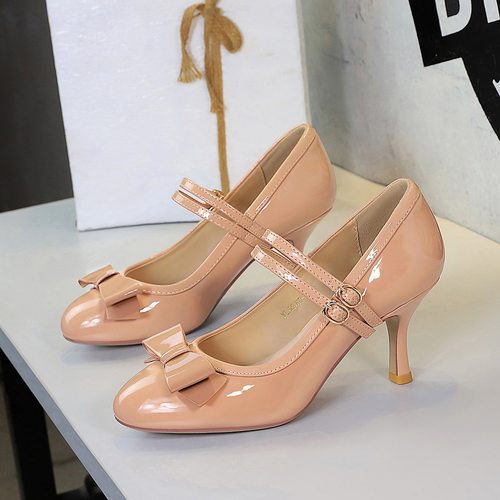 圆头细跟双排扣浅口蝴蝶结单鞋女