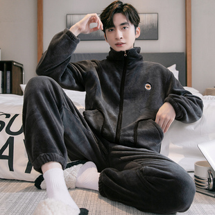 珊瑚绒睡衣男士冬季加厚加绒青少年秋冬款天拉链可外穿家居服套装