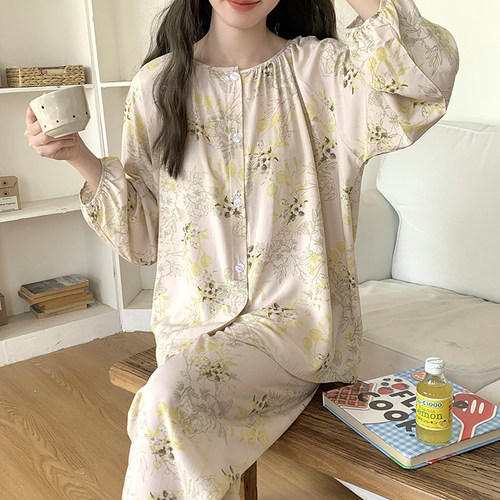 秋季绵绸睡衣女士长袖长裤圆领薄款空调棉绸套装家居服妈妈人造棉