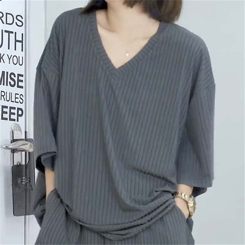 胖mm300斤中长款螺纹五分袖T恤女