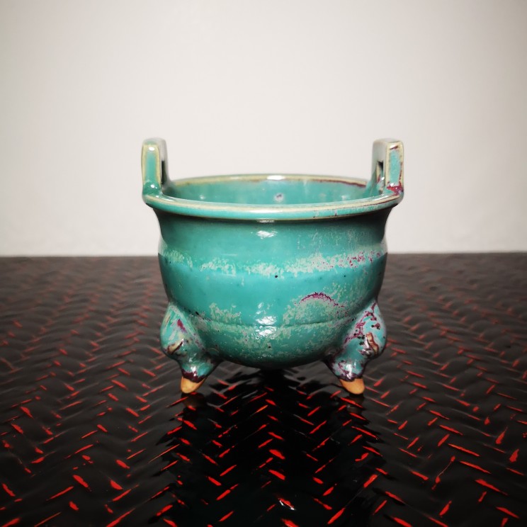 禹州钧瓷香道松石绿双耳香炉7.8*7.8cm包邮