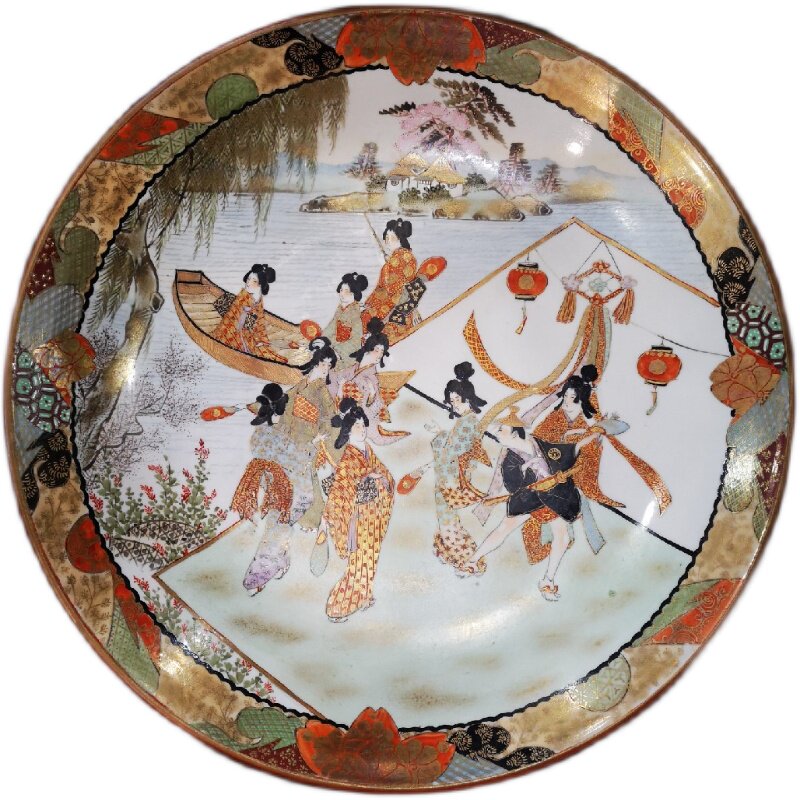 日本九谷烧明治手绘金彩人物故事赏盘稀少36cm画工精细7cm小冲线