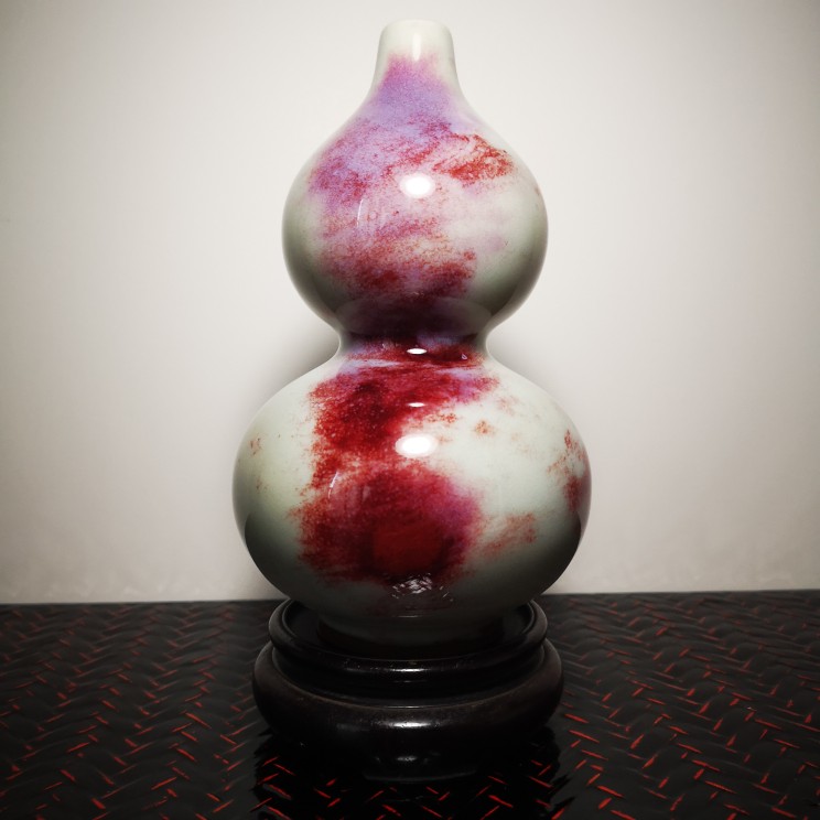 禹州钧瓷煤窑烧葫芦瓶紫红白釉精品花器摆件15cm全新全品