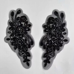 复古黑色重工钉珠亮片蕾丝贴花欧美婚纱礼服连衣裙旗袍装 饰材料